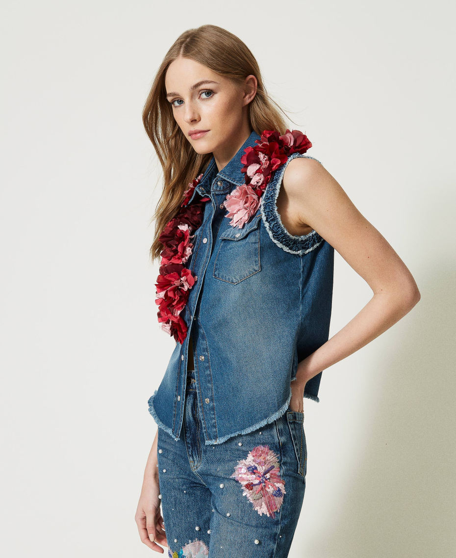 Camicia 'Tea Rose' in jeans con fiori in tessuto Denim Blue / Red Donna 231TQ2115_11327_03
