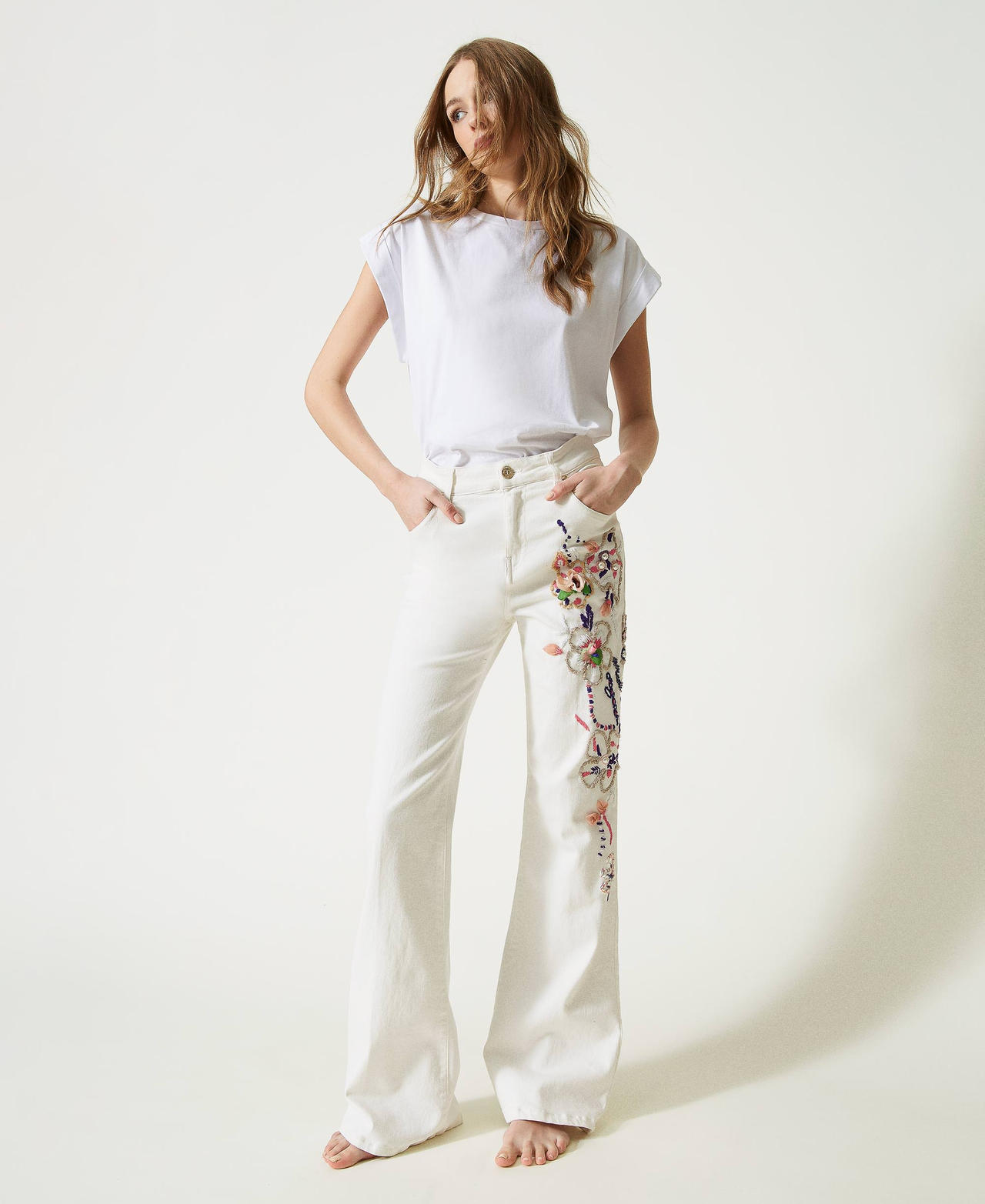 'Margherita' flared bull trousers with handmade embroideries White Woman 231TQ2117-02