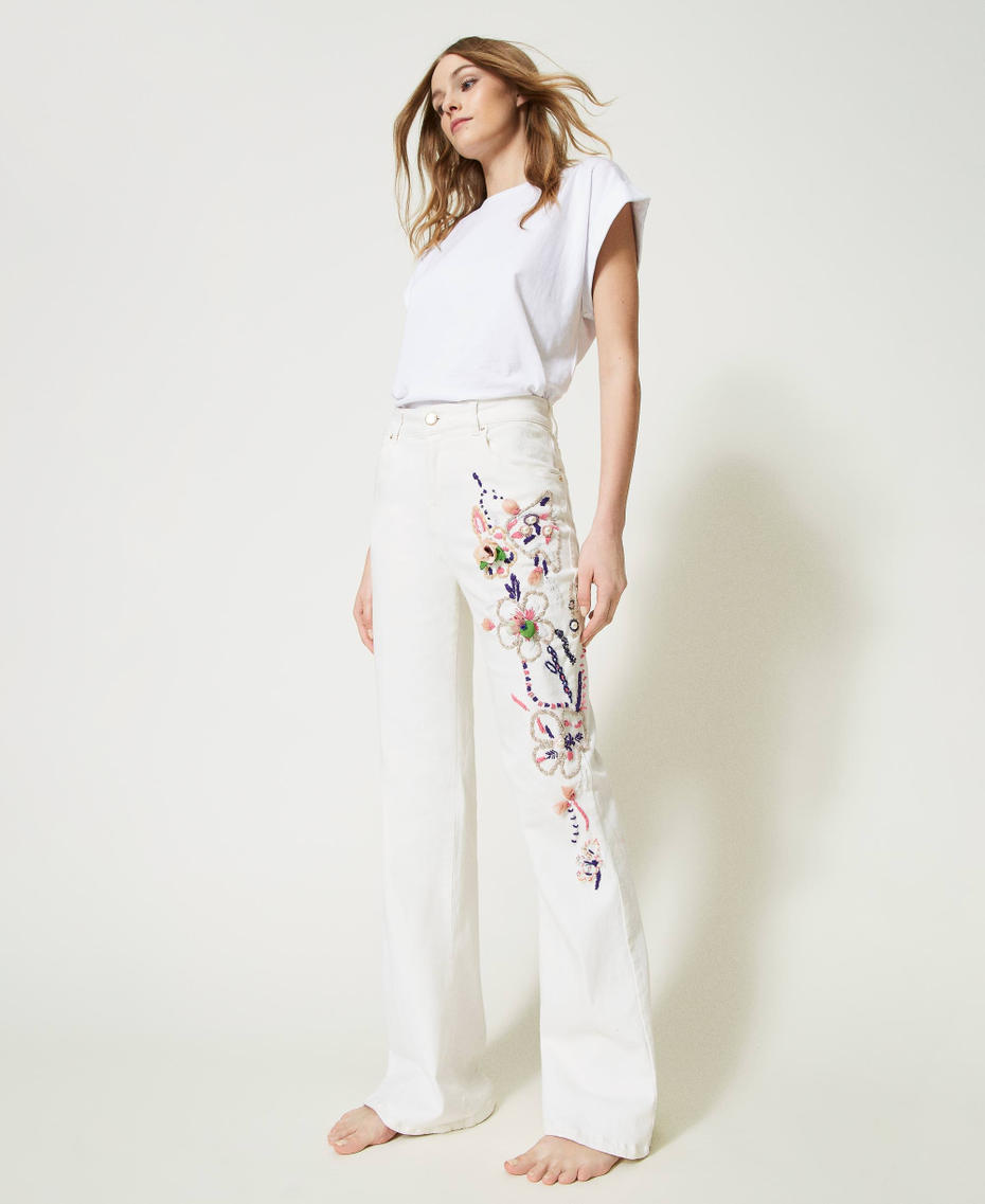 'Margherita' flared bull trousers with handmade embroideries White Woman 231TQ2117-04