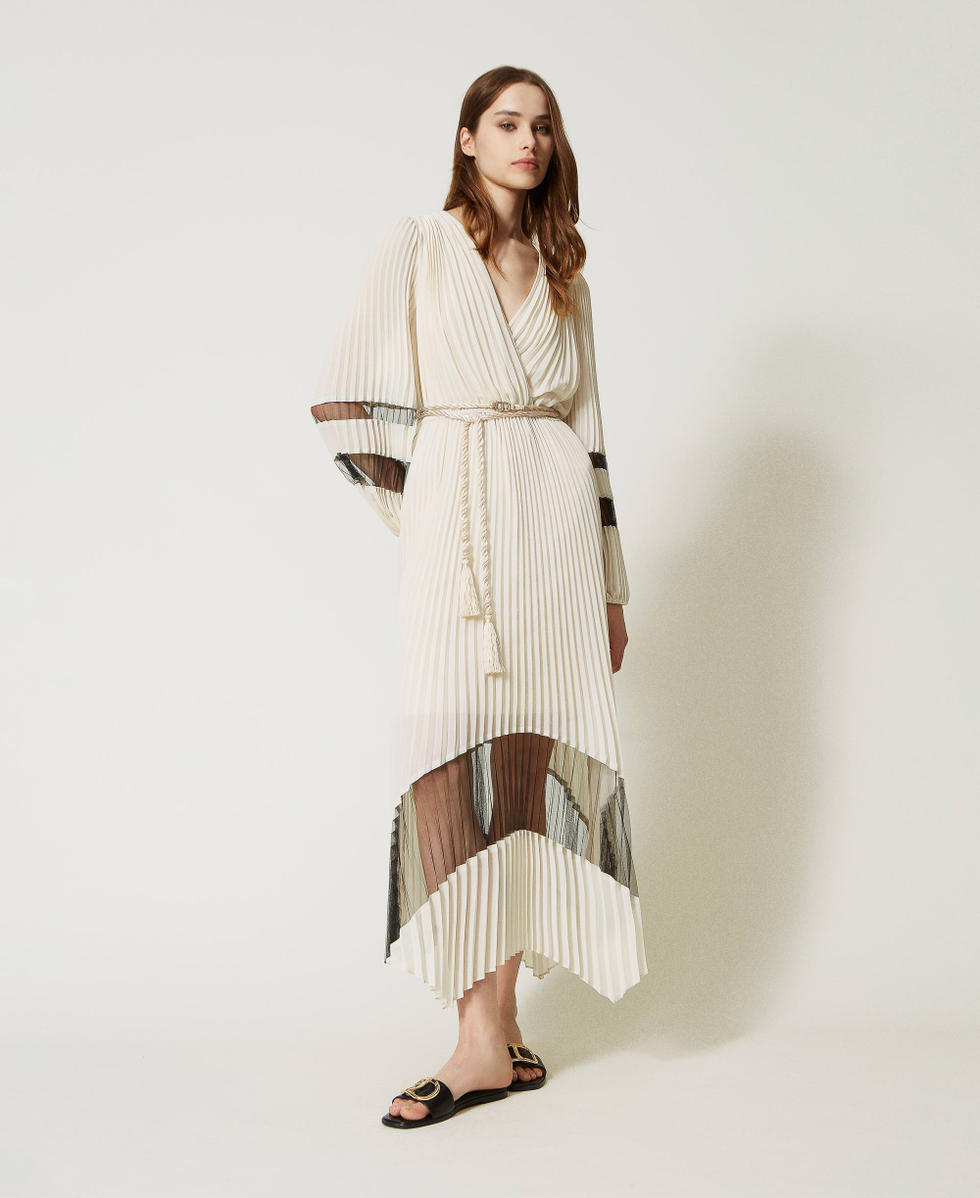Long georgette dress with pleated tulle Woman Black TWINSET Milano