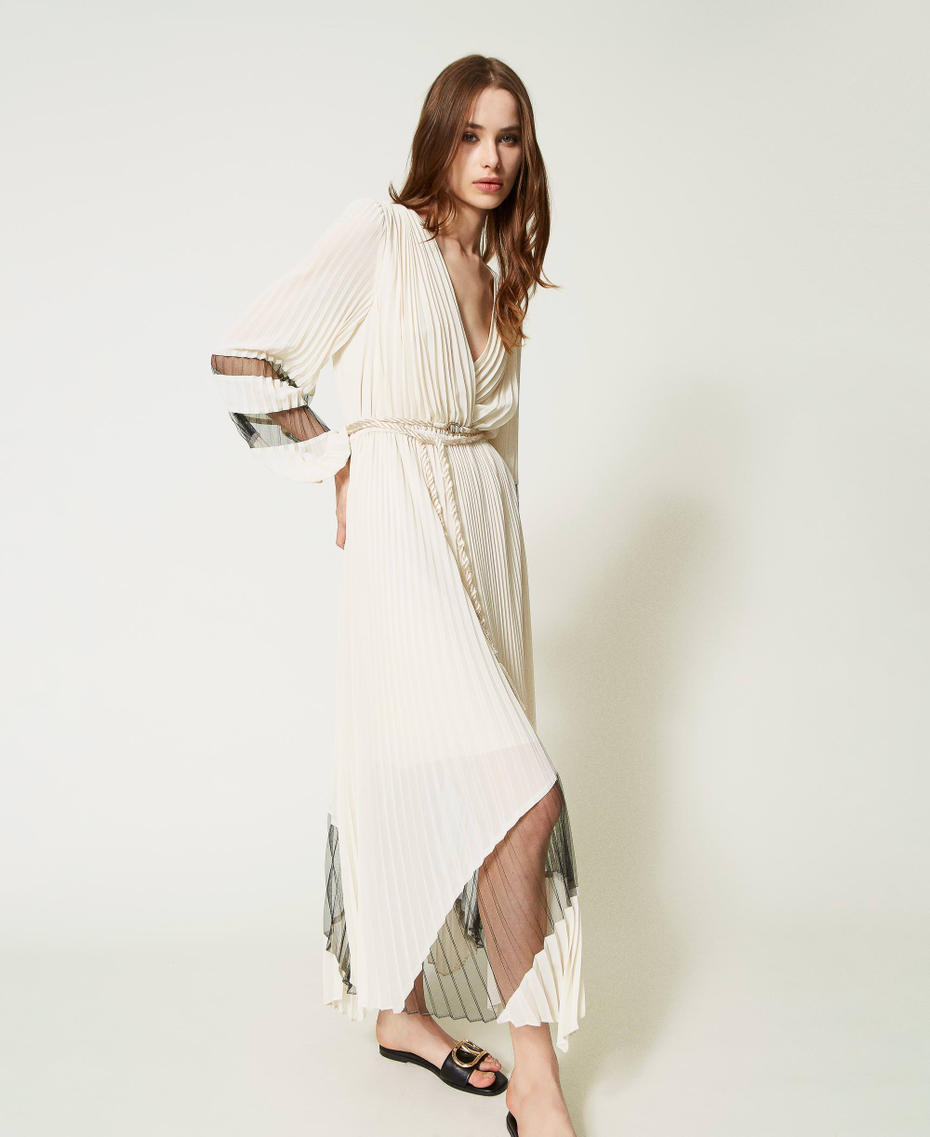 Robe longue en crêpe georgette et tulle plissé Femme, Noir | TWINSET Milano