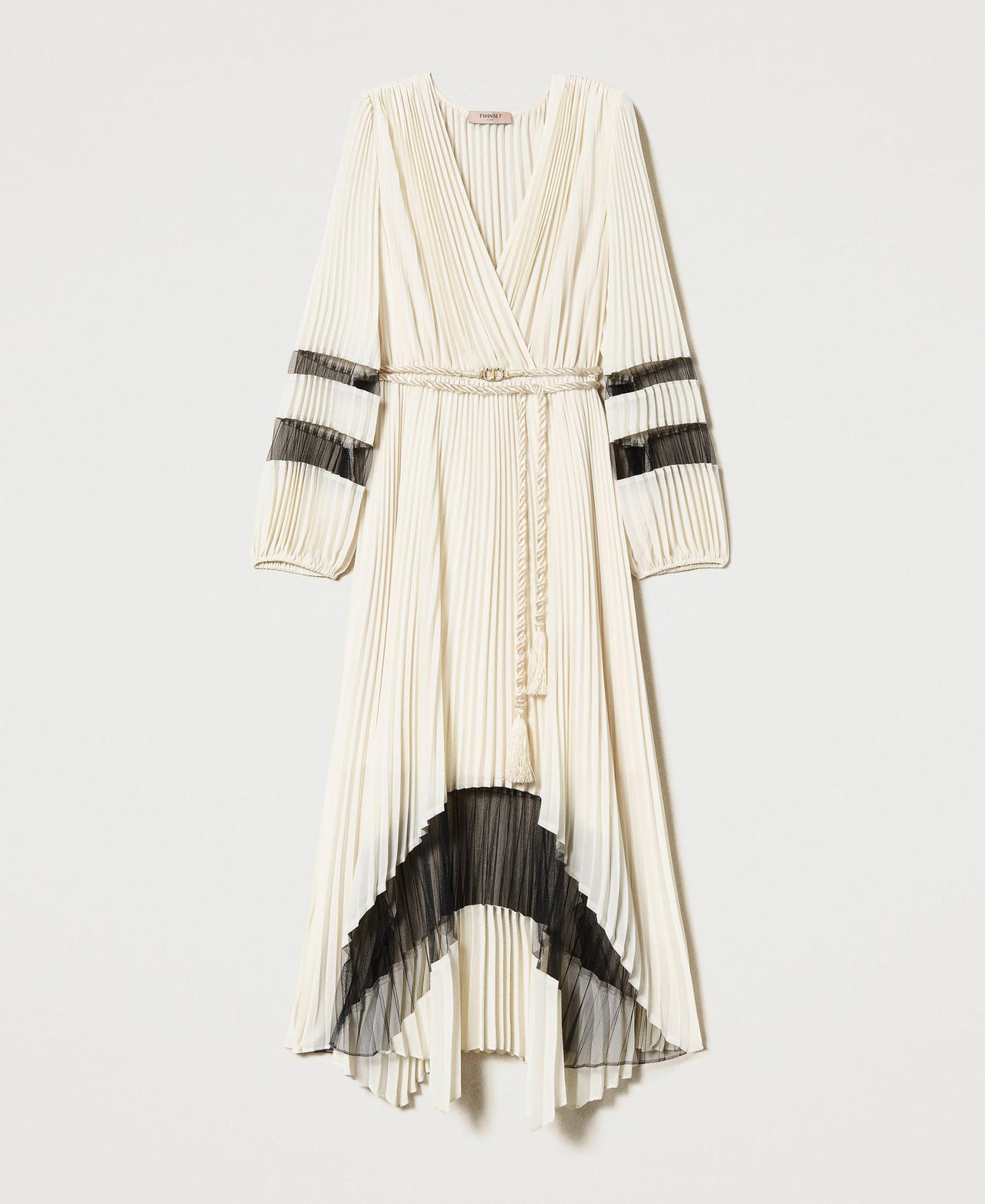 Robe longue en crêpe georgette et tulle plissé Bicolore Ivoire / Noir Femme 231TT2020-0S