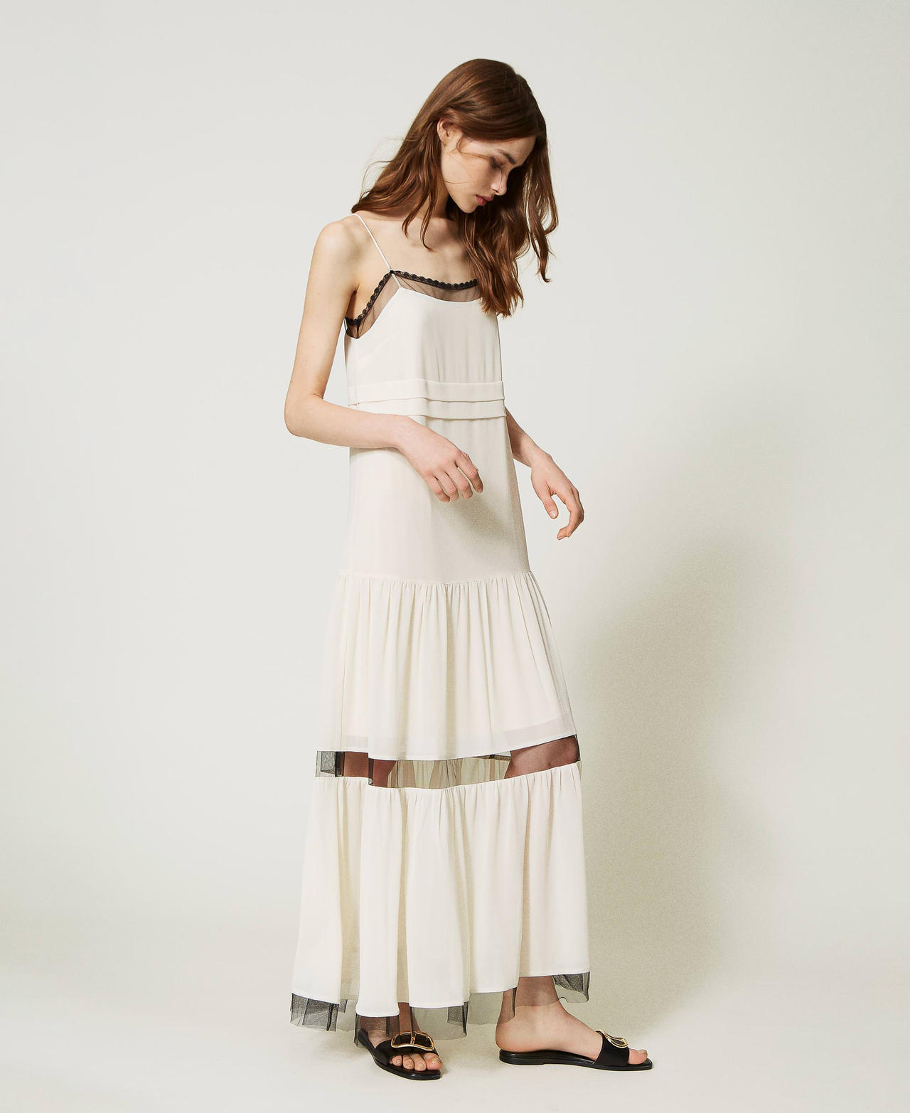 Long georgette and tulle dress with shoulder straps