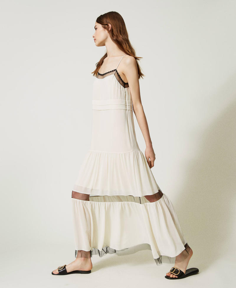 Long georgette and tulle dress with shoulder straps