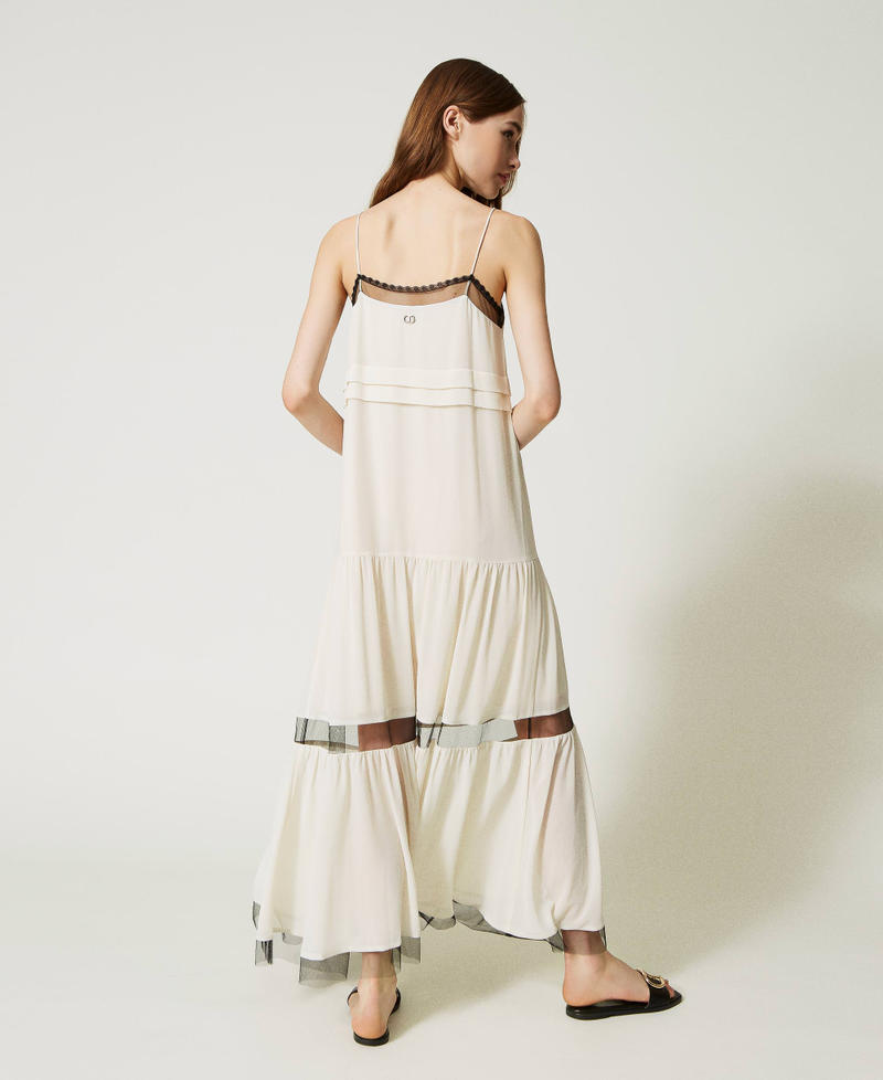 Long georgette and tulle dress with shoulder straps