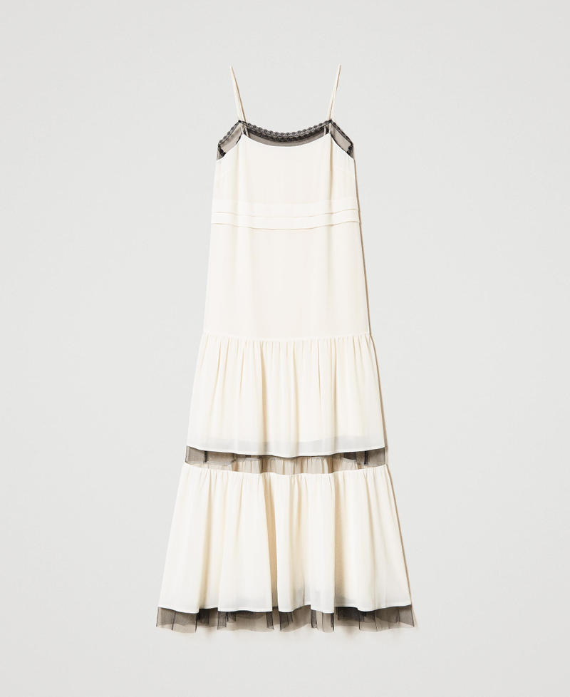 Long georgette and tulle dress with shoulder straps