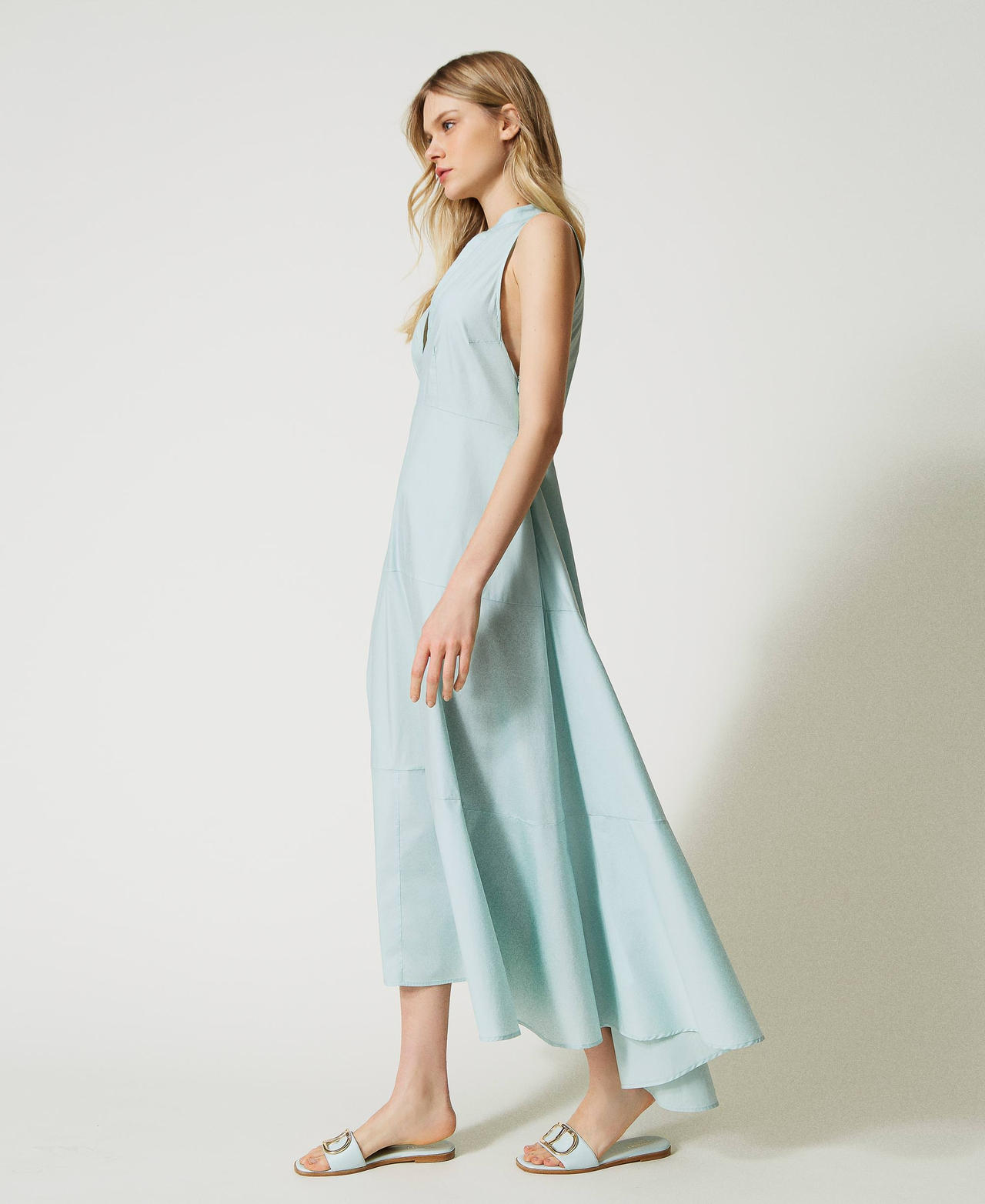 Asymmetric long poplin dress
