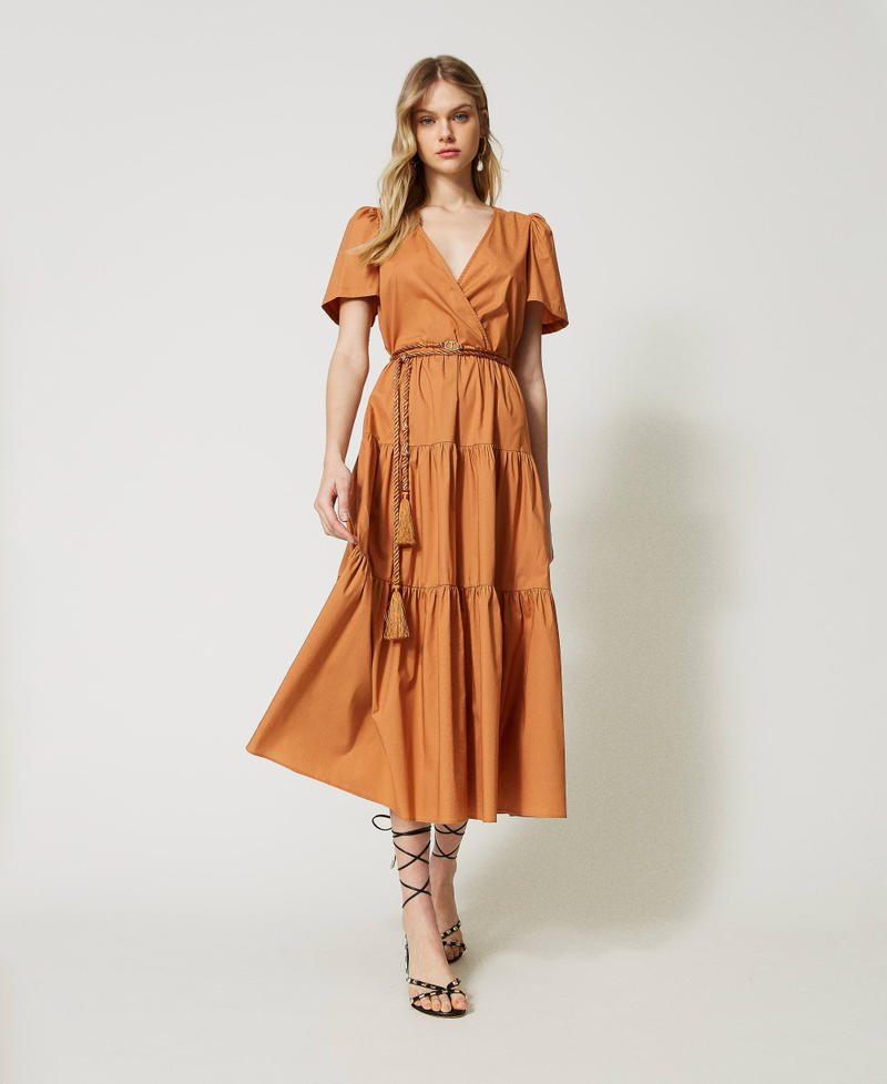 Long poplin dress with gathered flounces "Hazelnut” Brown Woman 231TT2042-01