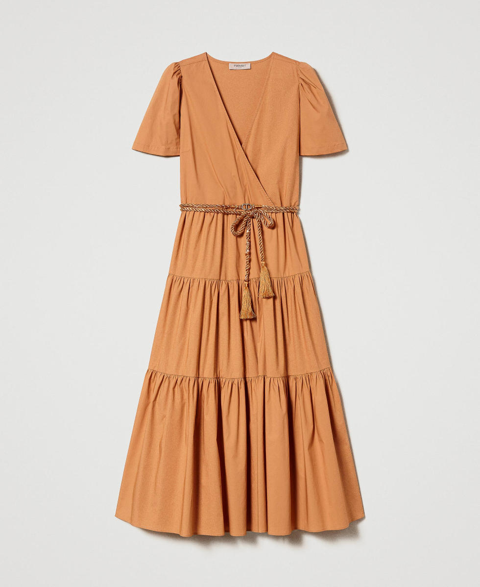 Robe longue en popeline avec volants fronc&eacute;s