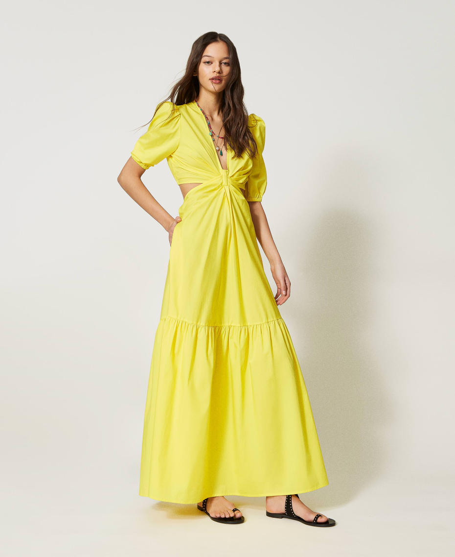 Длинное платье из поплина с вырезом и оборкой Желтый Солнце женщина 231TT2044-01