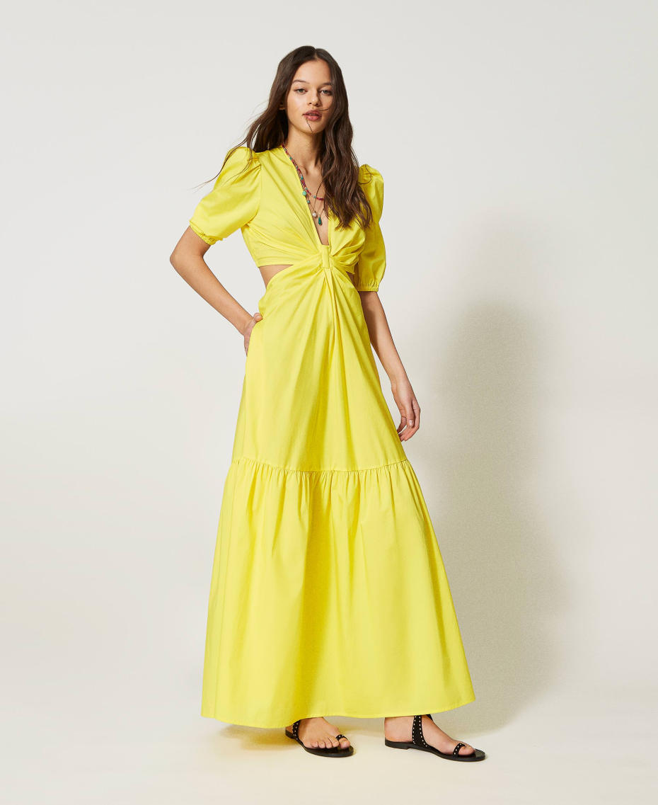 Long poplin dress with cutout and flounce