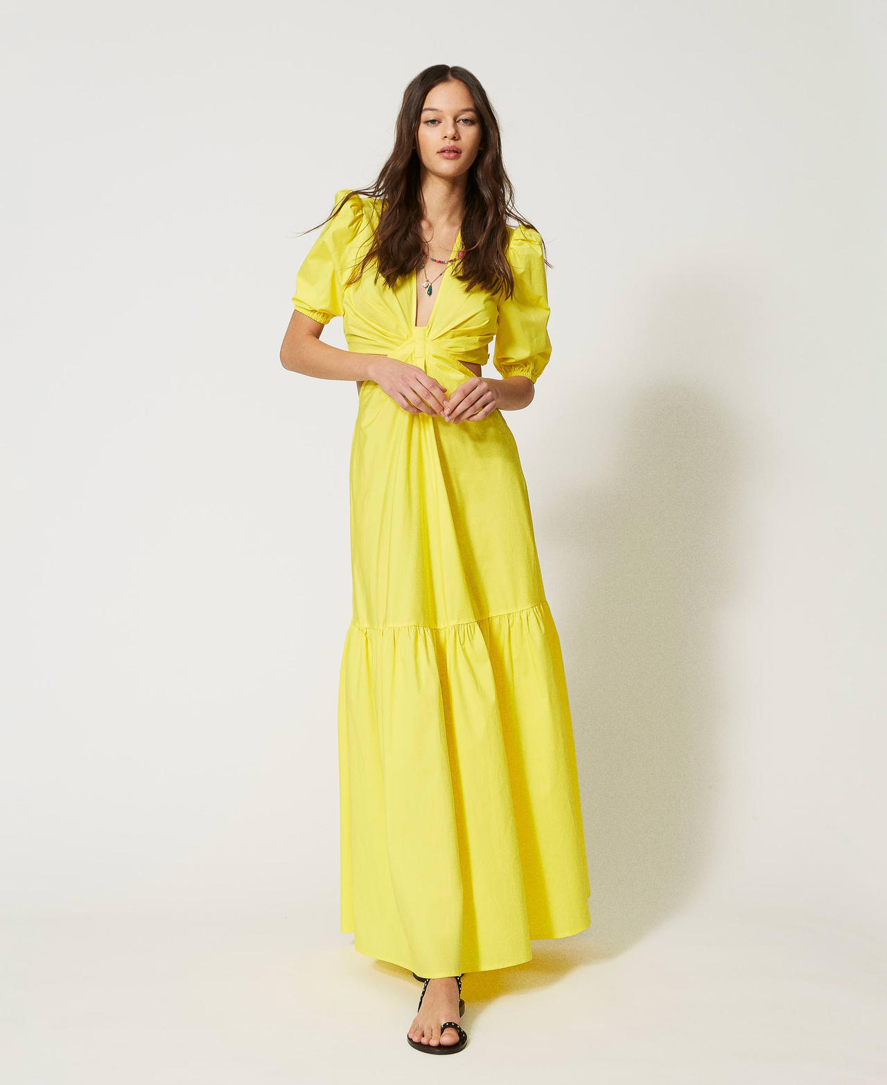 Длинное платье из поплина с вырезом и оборкой Желтый Солнце женщина 231TT2044-02
