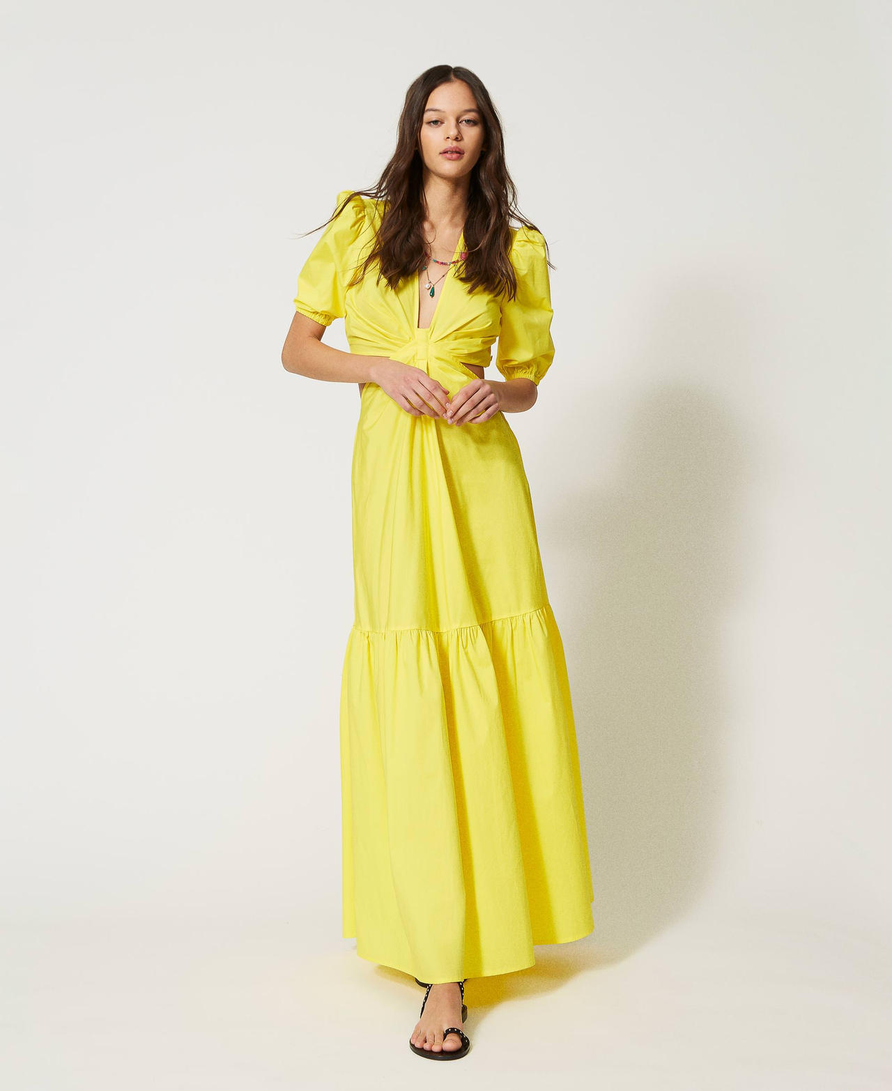 Long poplin dress with cutout and flounce
