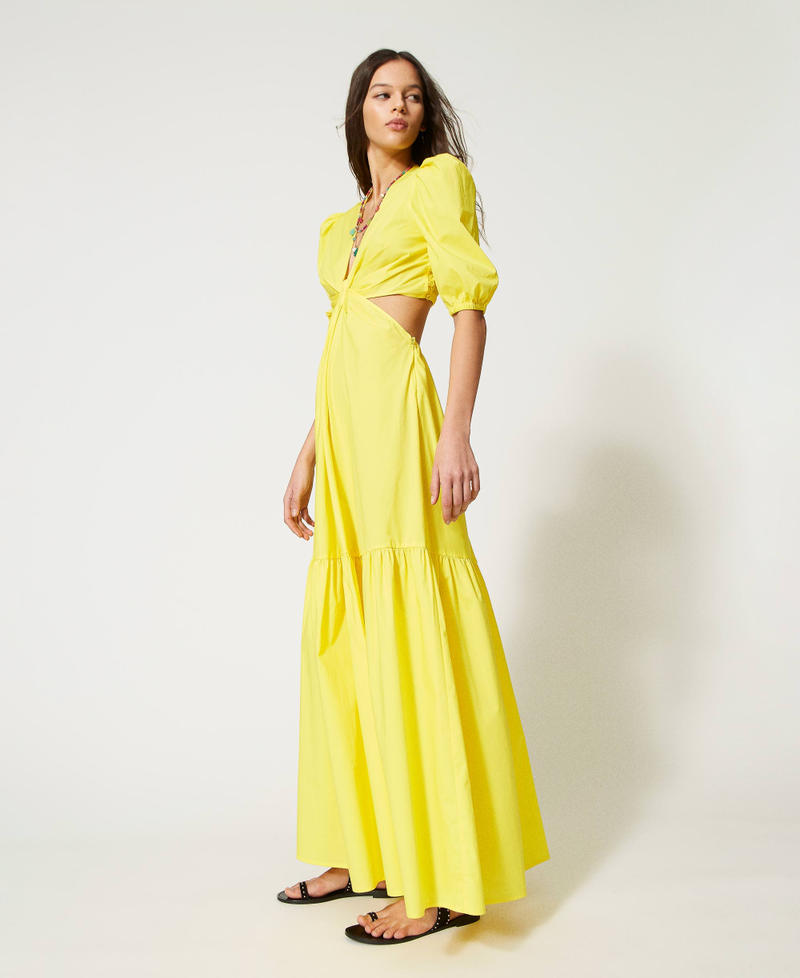 Длинное платье из поплина с вырезом и оборкой Желтый Солнце женщина 231TT2044-03