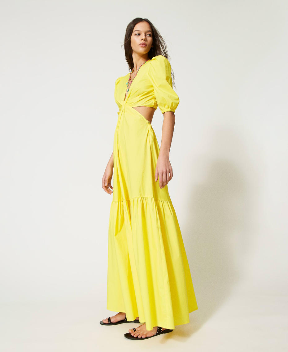 Long poplin dress with cutout and flounce