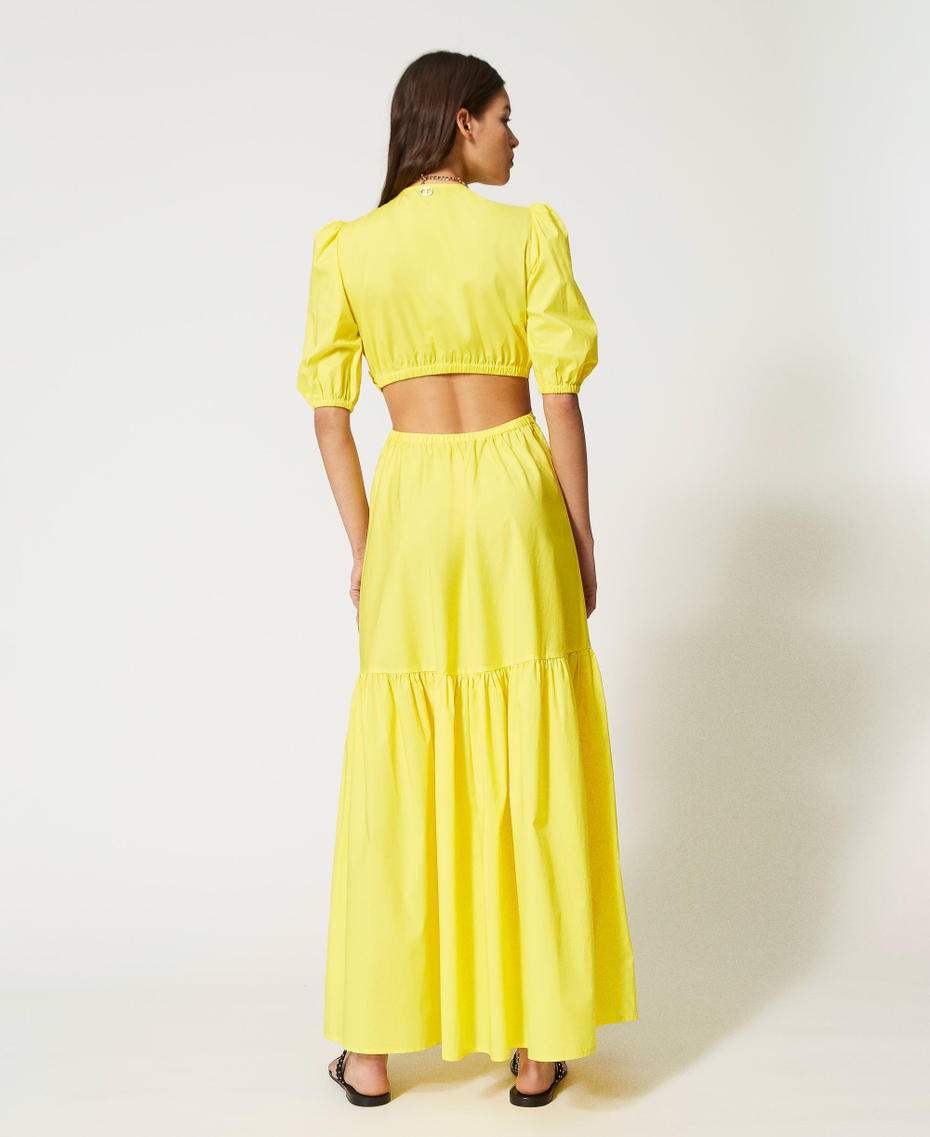 Long poplin dress with cutout and flounce