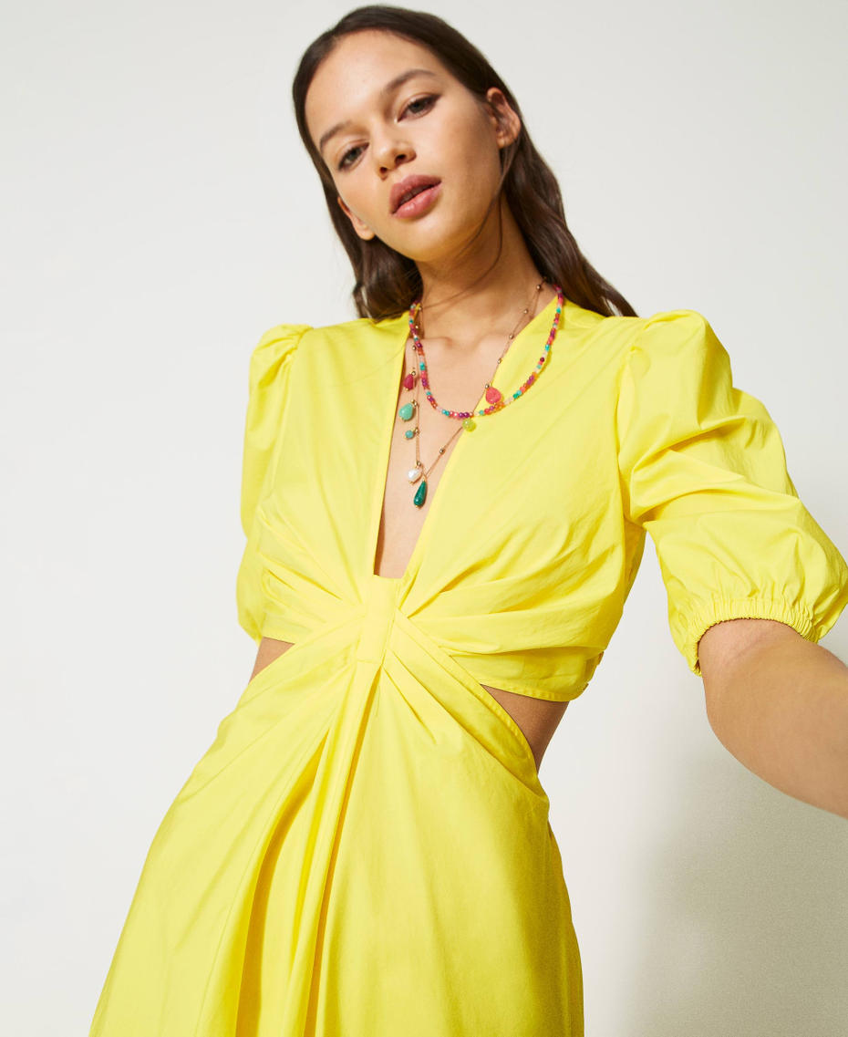 Long poplin dress with cutout and flounce
