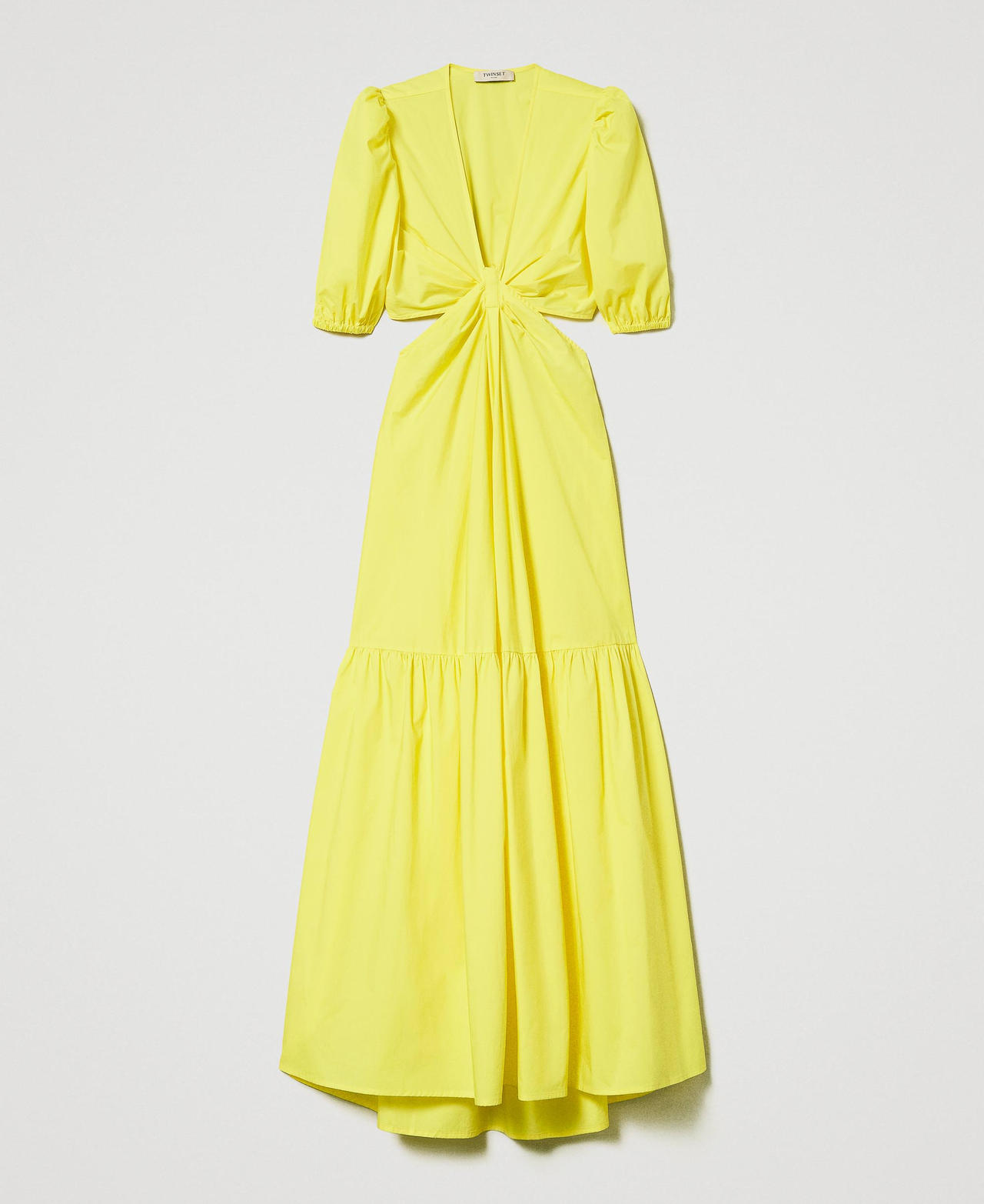Long poplin dress with cutout and flounce
