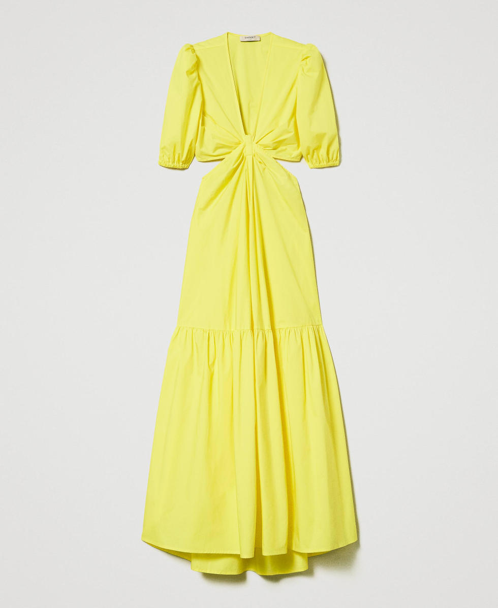 Long poplin dress with cutout and flounce Woman Yellow TWINSET Milano