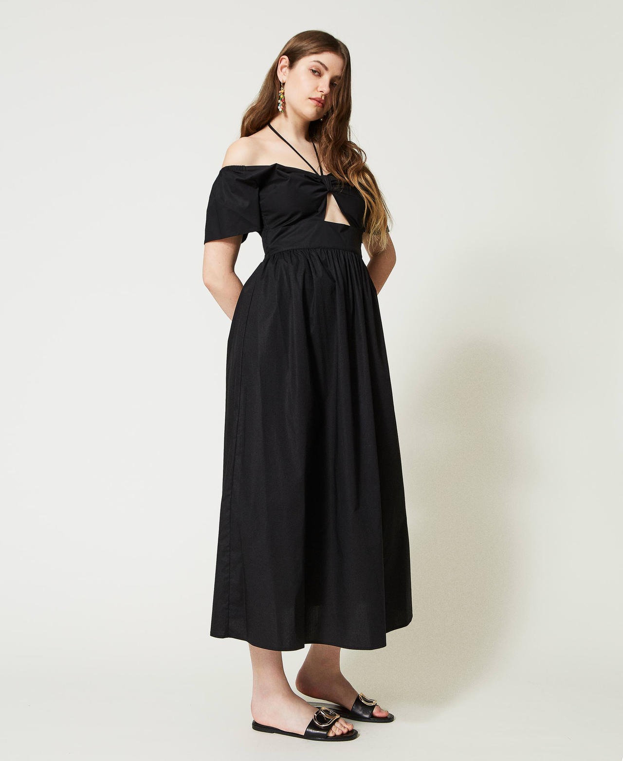 Long poplin dress with cutout Black Woman 231TT204D-02