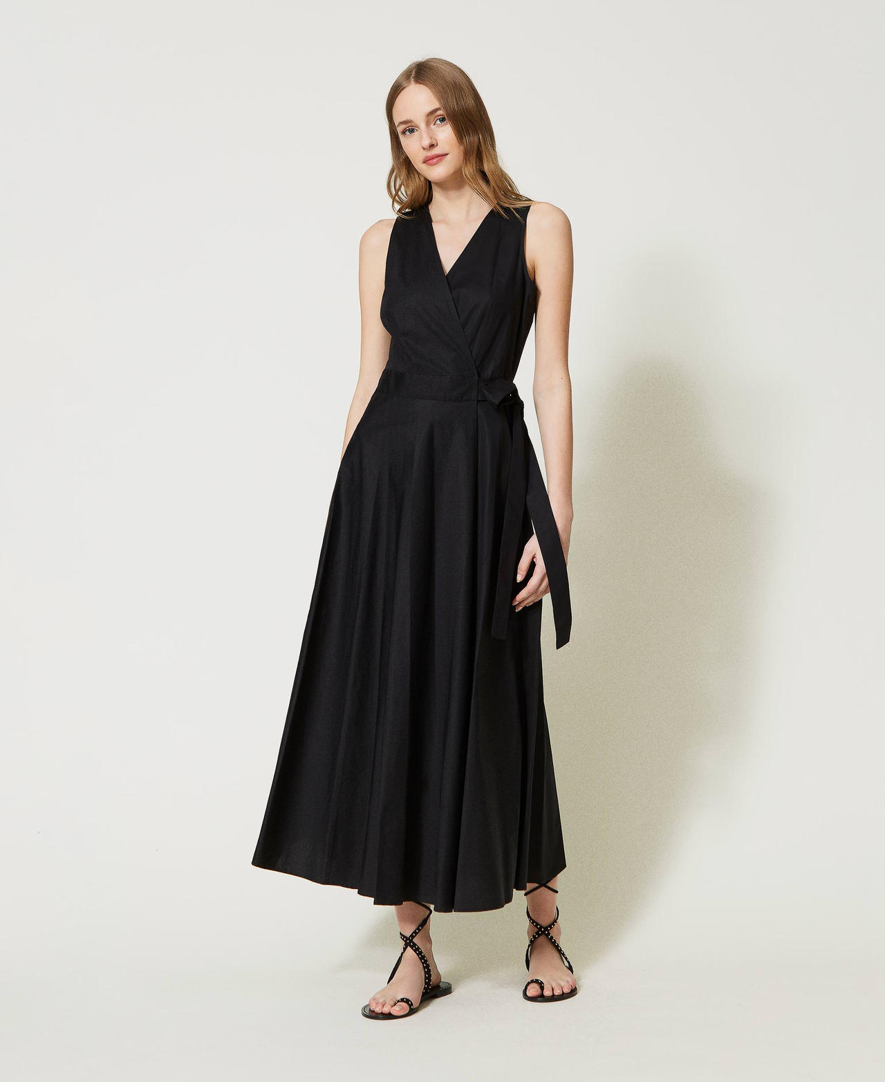 Long poplin wrap around dress Woman Black TWINSET Milano