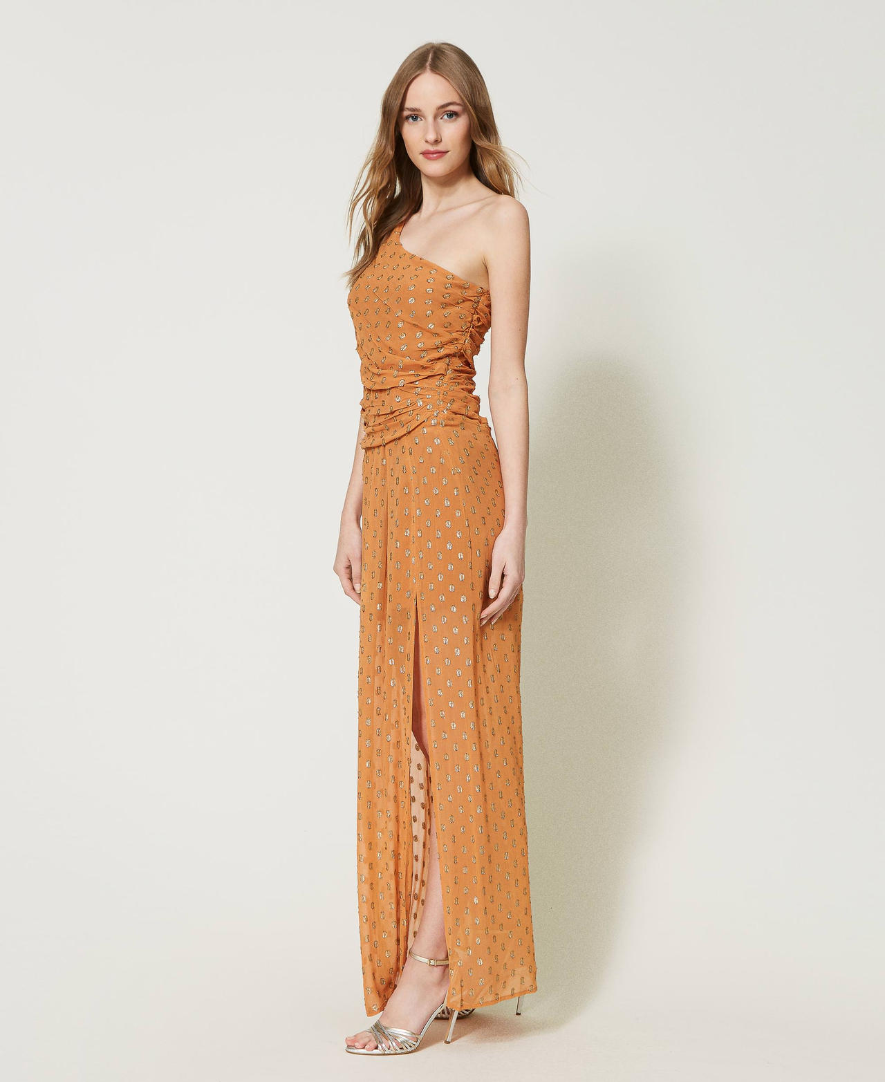 Long one-shoulder fil coupé georgette dress