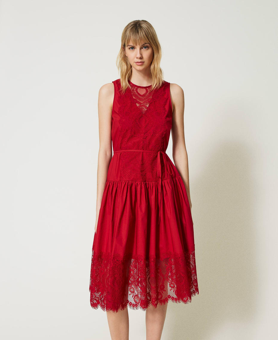 Vestido midi de popelina y encaje Rojo Veneciano Mujer 231TT2081-01