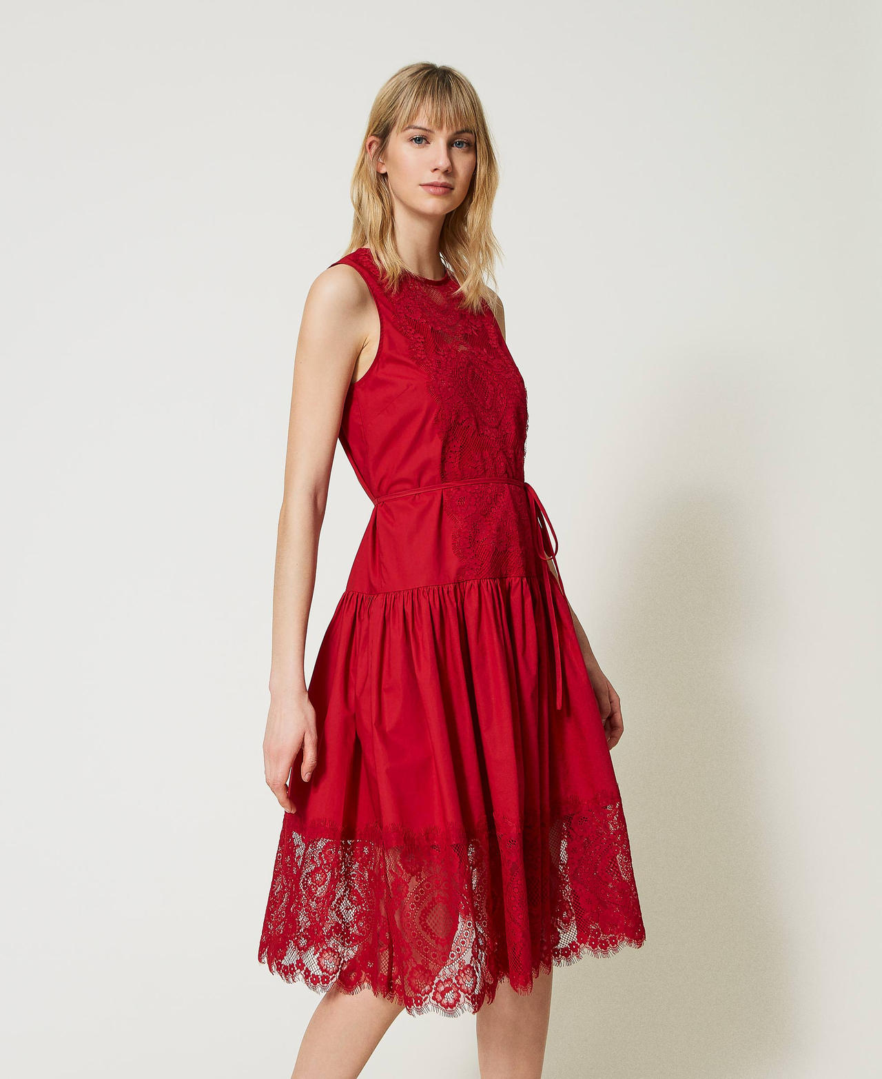 Abito longuette in popeline e pizzo Donna Rosso TWINSET Milano