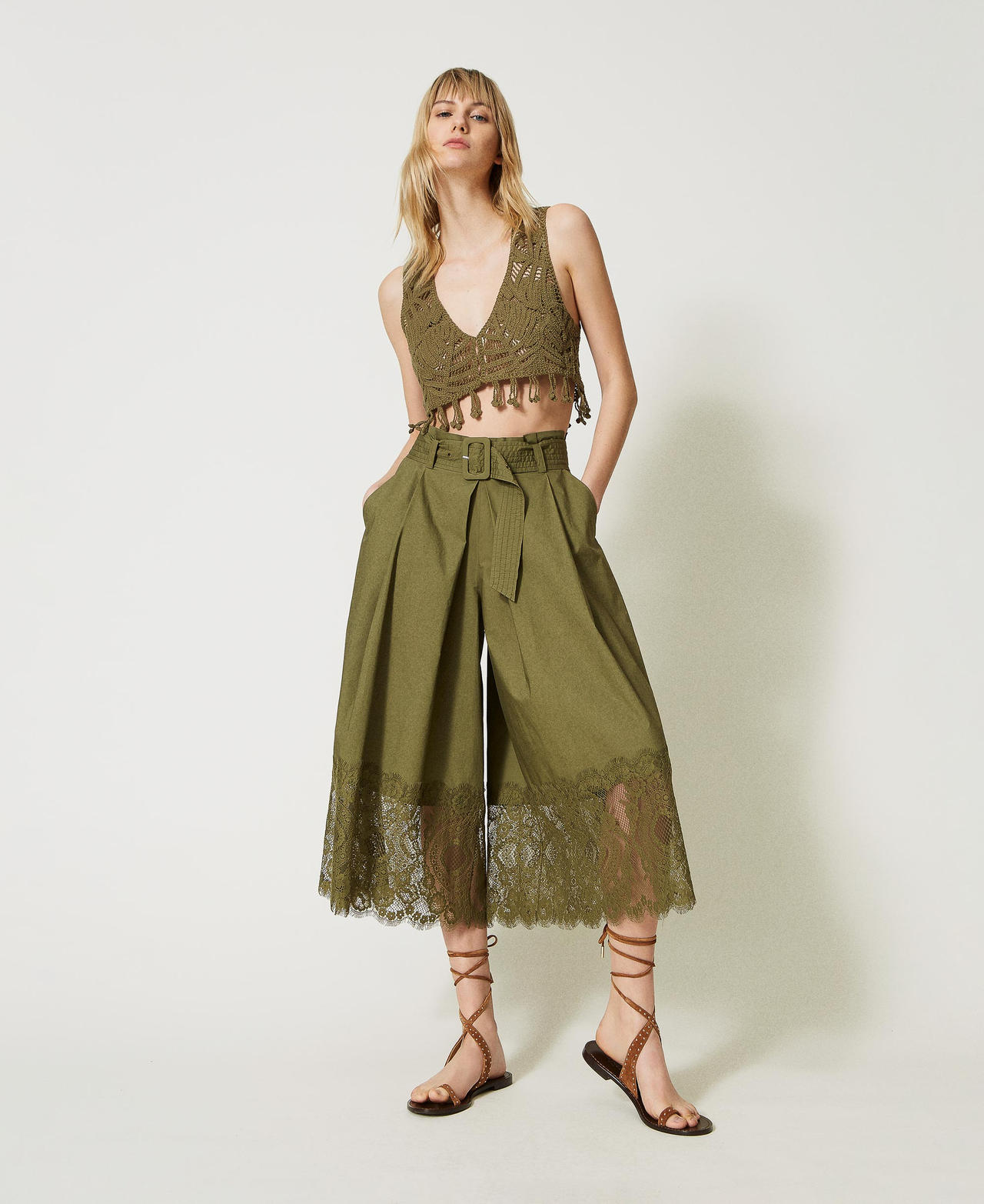 Distribución Prestador Amasar Falda pantalón de popelina con encaje Mujer, Verde | TWINSET Milano