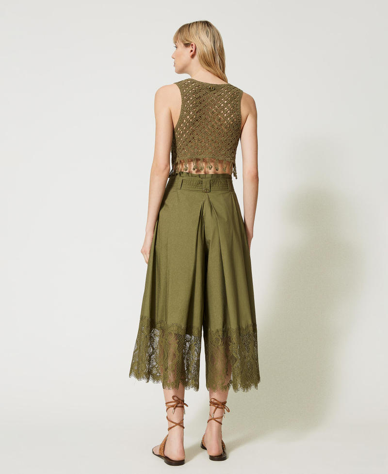 Falda pantalón de popelina con encaje Verde «Burnt Olive» Mujer 231TT2085-03