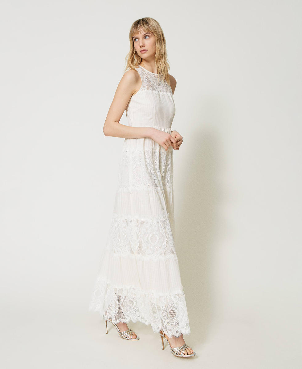 Long muslin and lace dress Woman, White