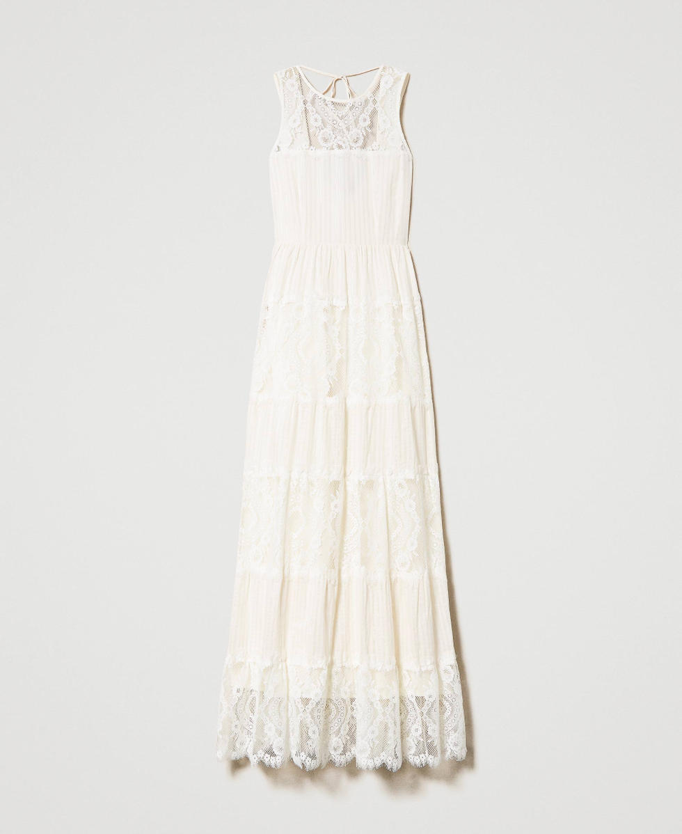 Long muslin and lace dress Woman, White