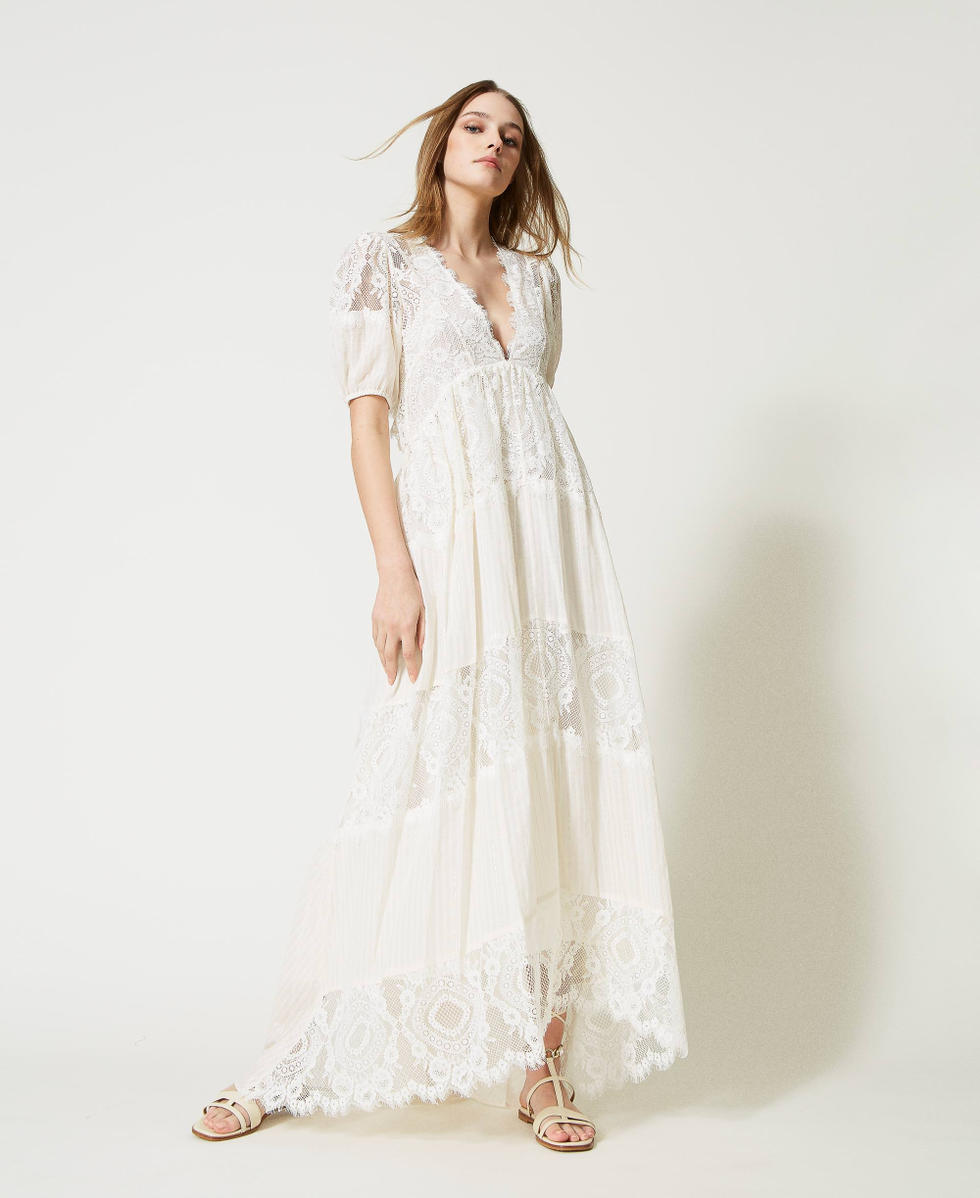 Long muslin and lace dress Woman, White