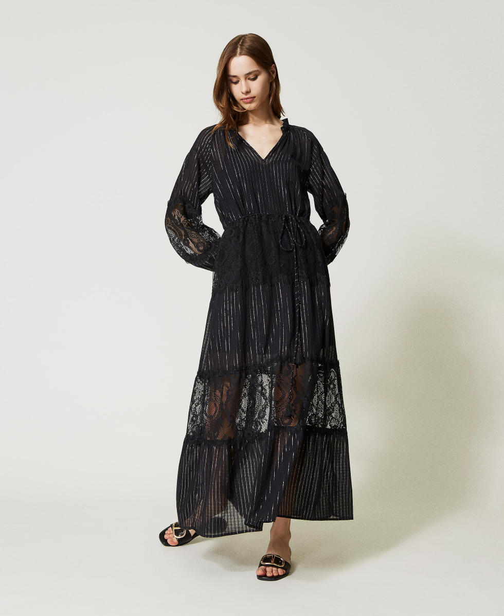 Abito caftano lungo in mussola e pizzo Donna Nero TWINSET Milano