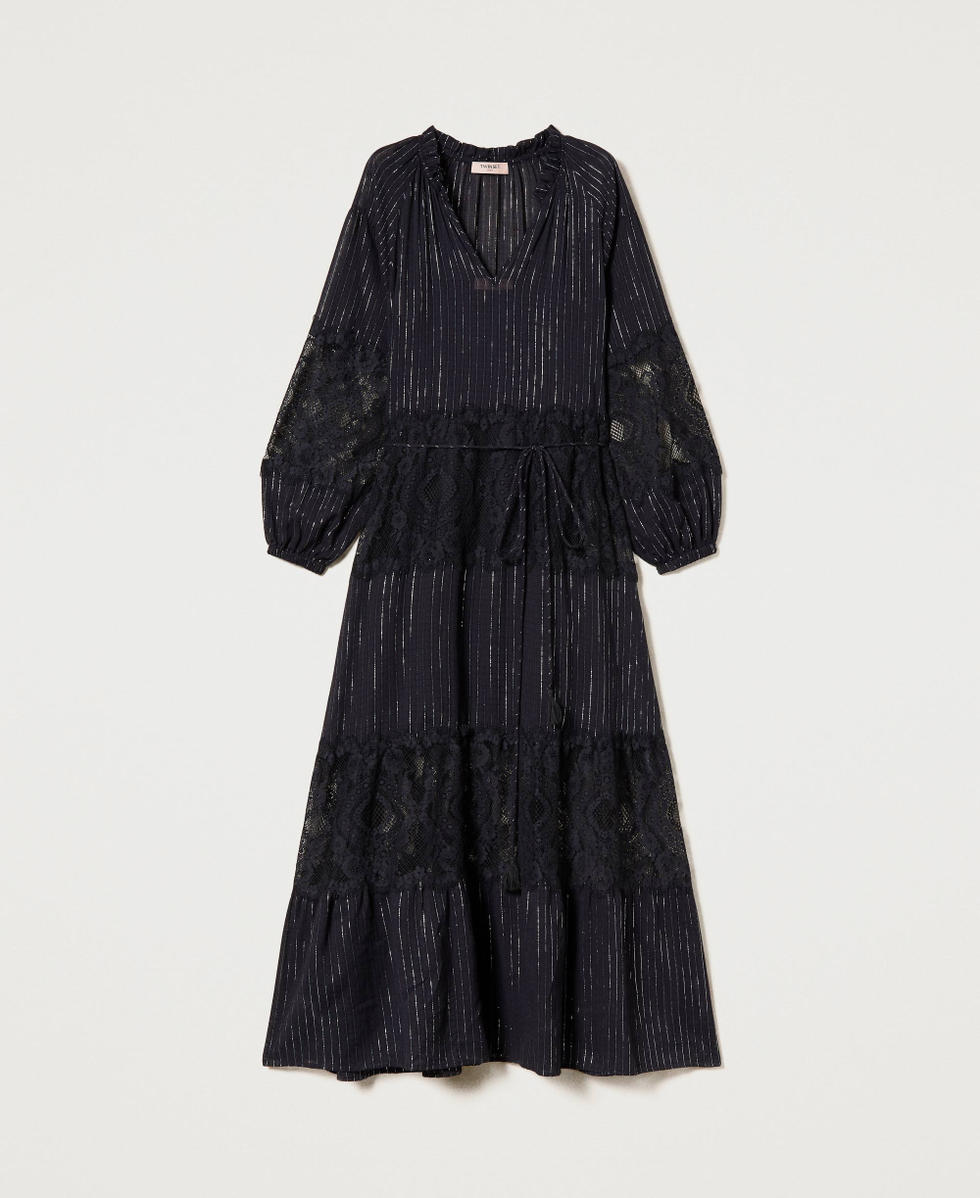 Abito caftano lungo in mussola e pizzo Donna Nero TWINSET Milano