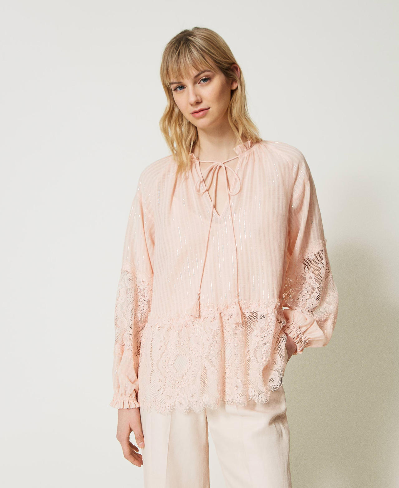 Muslin and lace blouse Woman, Pink | TWINSET Milano