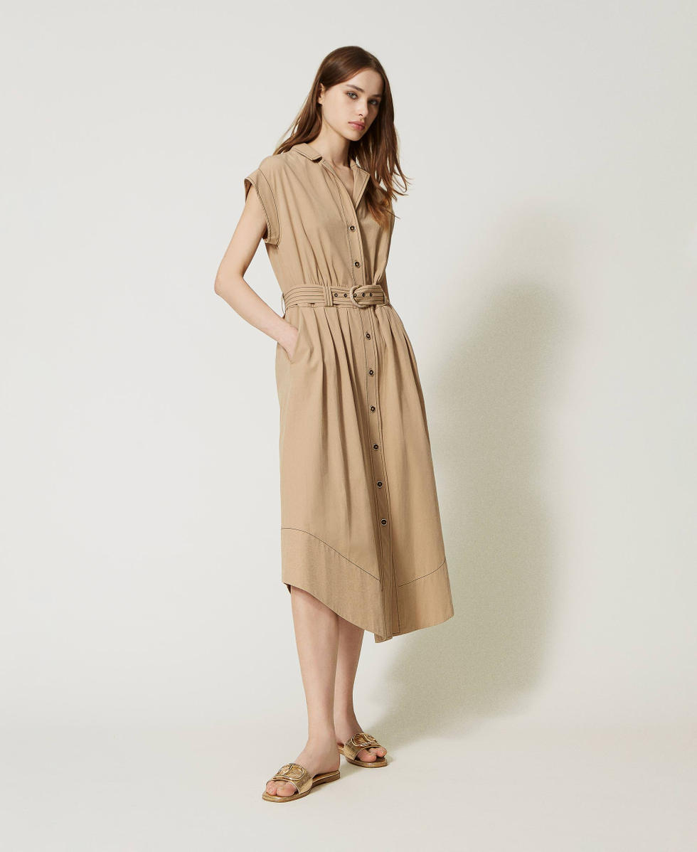 Stitched poplin long shirt dress Woman, Beige | TWINSET Milano