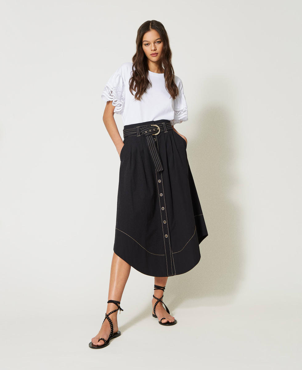 Stitched poplin long skirt