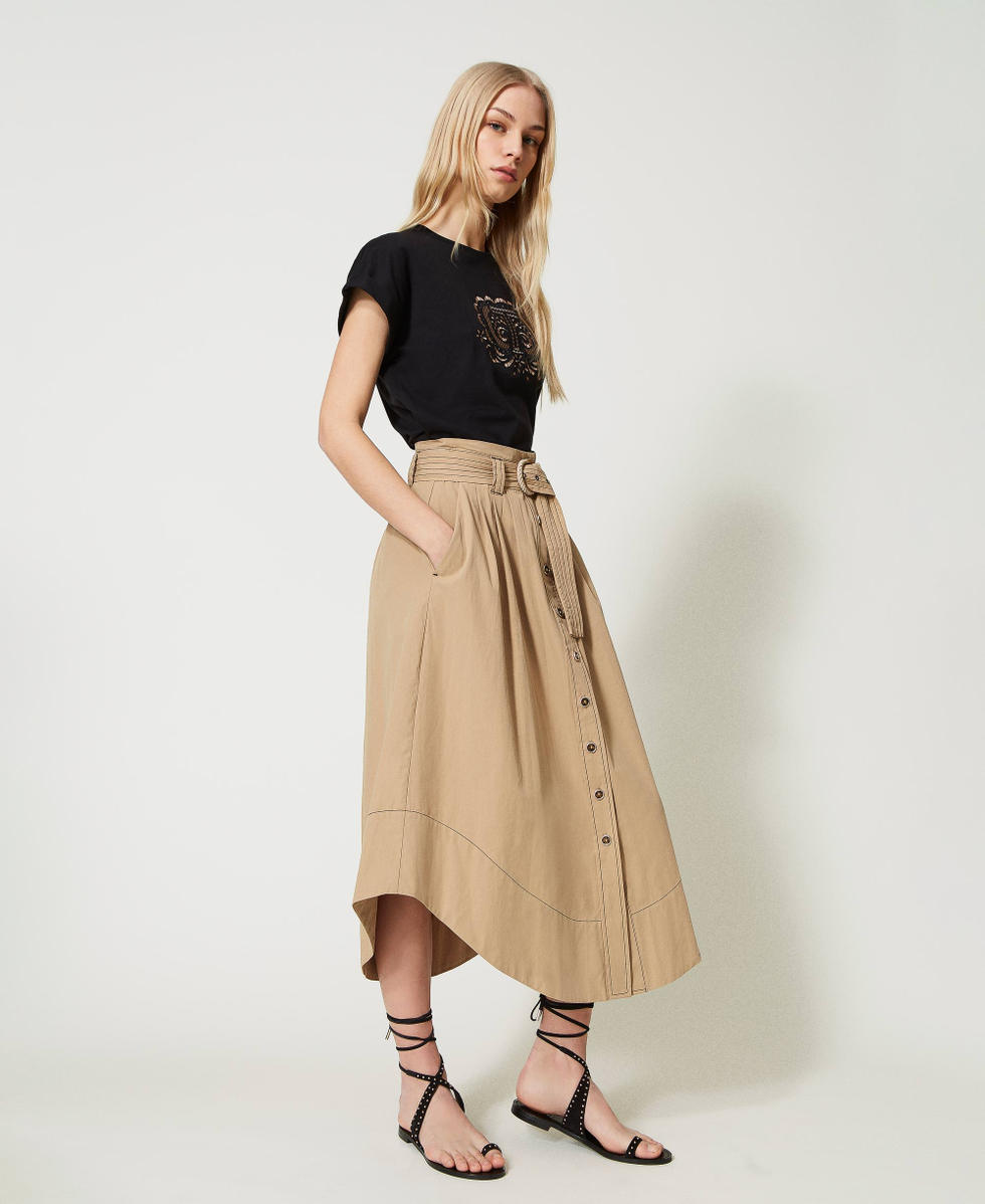 Jupe longue en popeline surpiquee Femme Beige TWINSET Milano