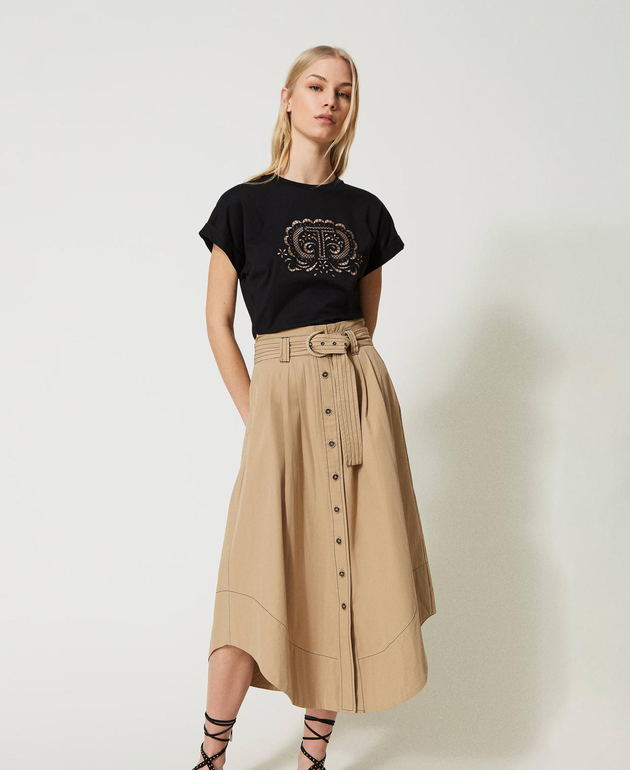 Stitched poplin long skirt Woman Beige TWINSET Milano