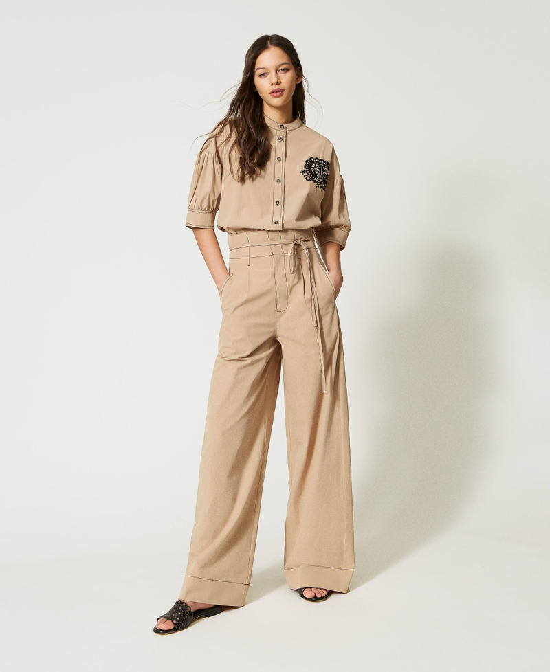 Stitched poplin palazzo trousers "Cold Sand” Beige Woman 231TT2105-01