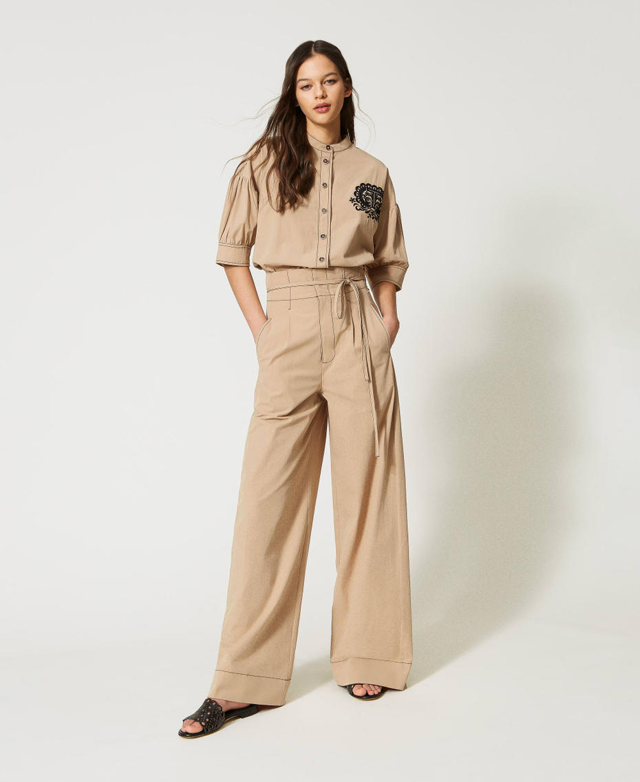 Stitched poplin palazzo trousers "Cold Sand” Beige Woman 231TT2105-01