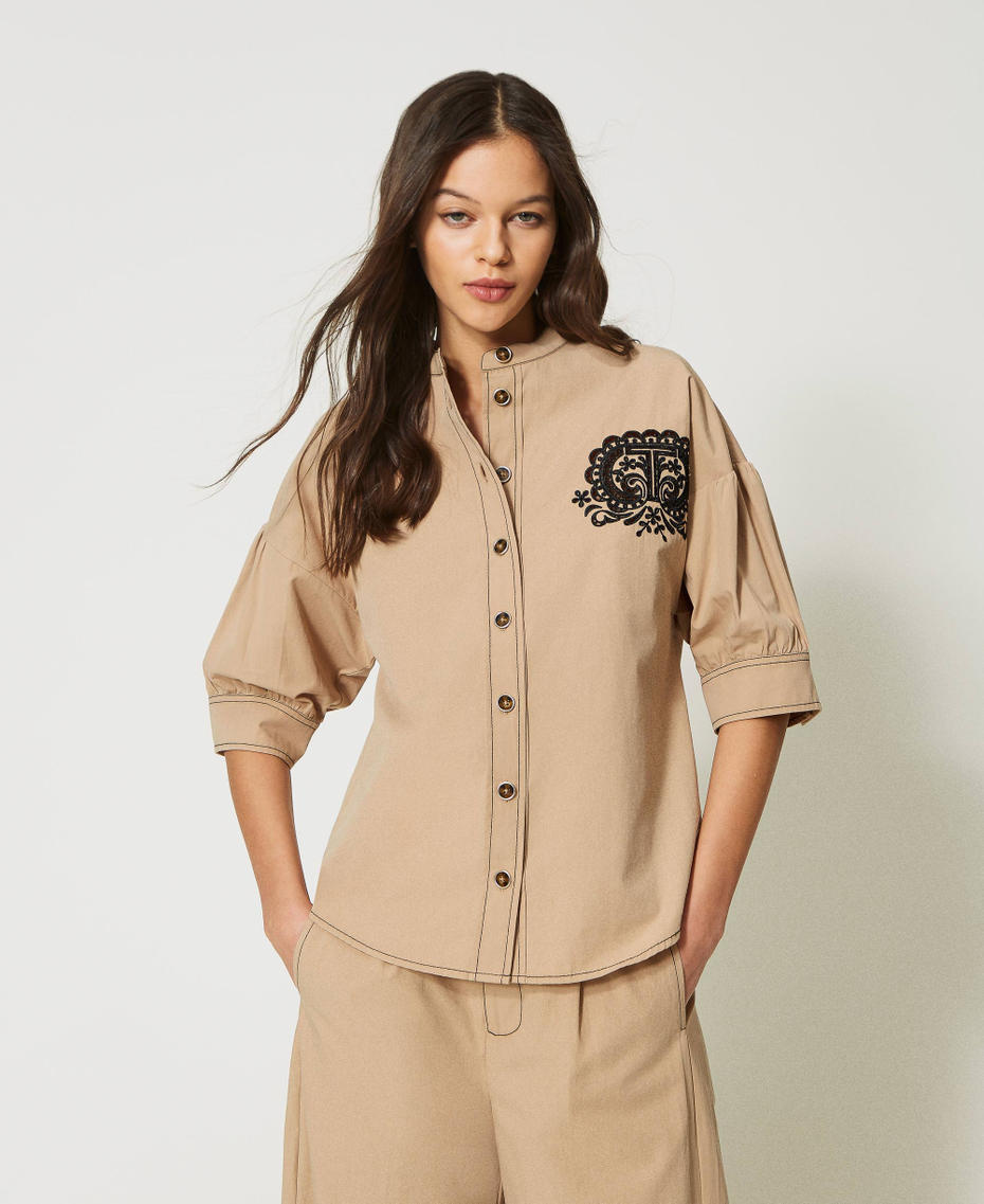 Stitched poplin shirt with Oval T embroidery "Cold Sand” Beige Woman 231TT2107-01