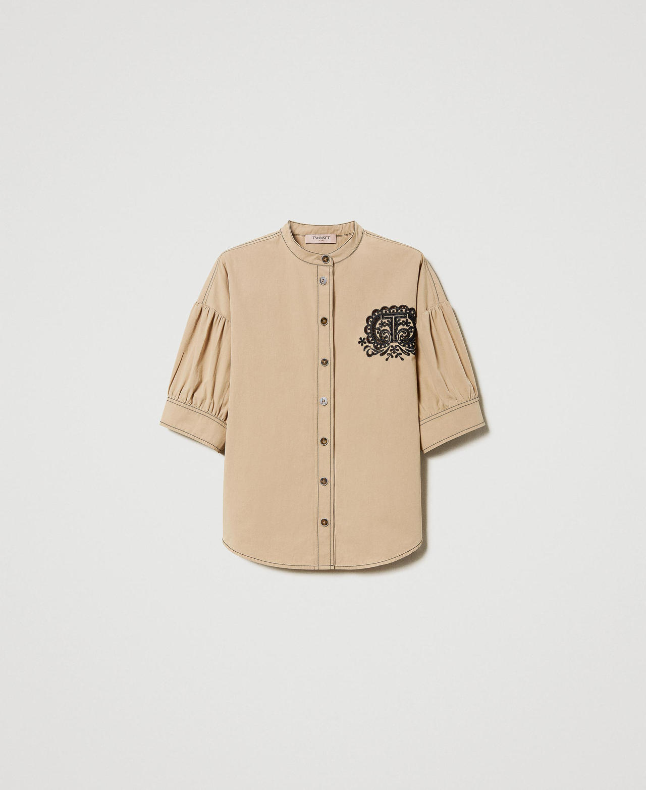 Stitched poplin shirt with Oval T embroidery