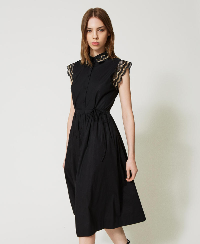 Длинное платье-рубашка из поплина с двухцветным кружевом Вышивка Бежевый / Черный женщина 231TT2120-02
