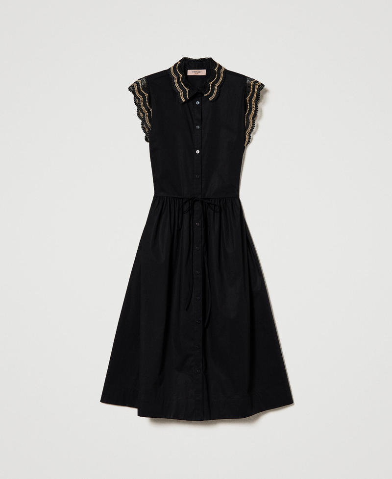 Long poplin shirt dress with two-tone lace Beige / Black Embroidery Woman 231TT2120-0S