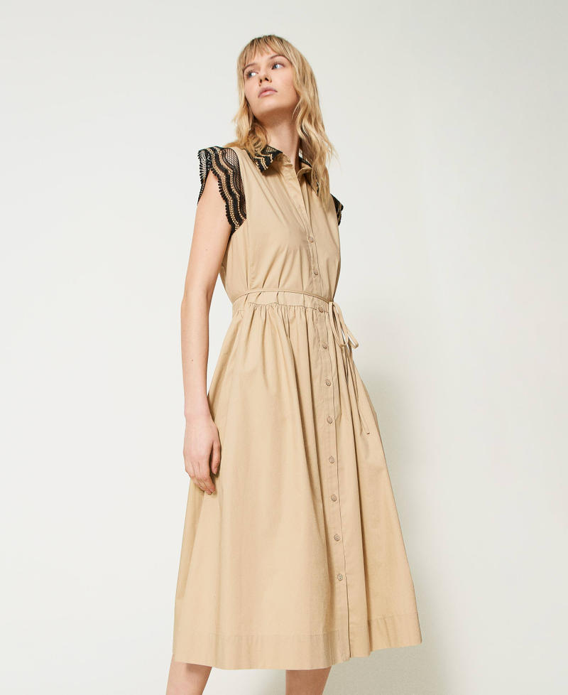 Robe chemisier longue en popeline avec dentelle bicolore
