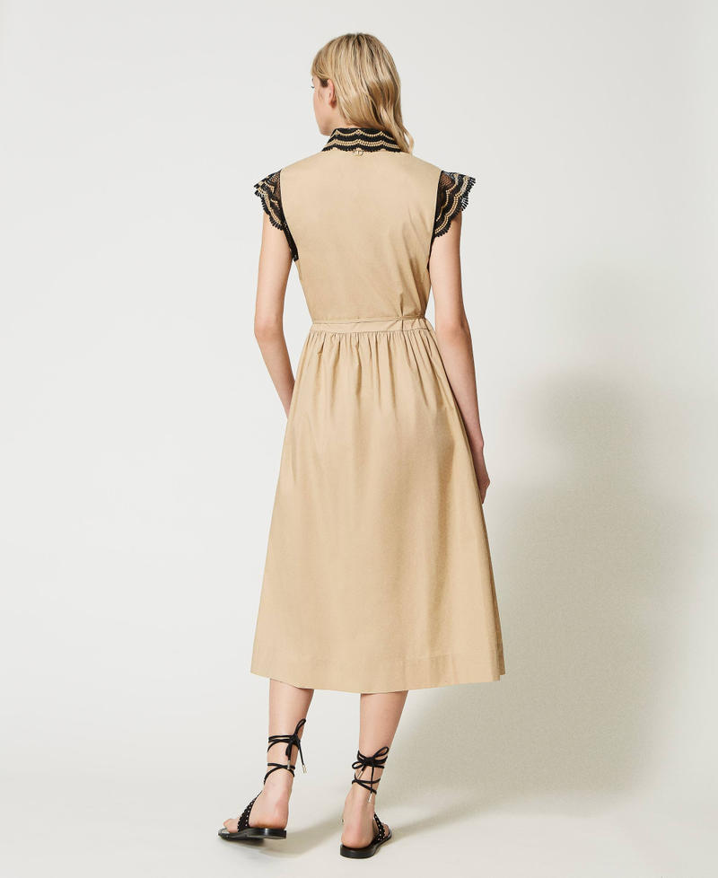Long poplin shirt dress with two-tone lace Beige / Black Embroidery Woman 231TT2120-04