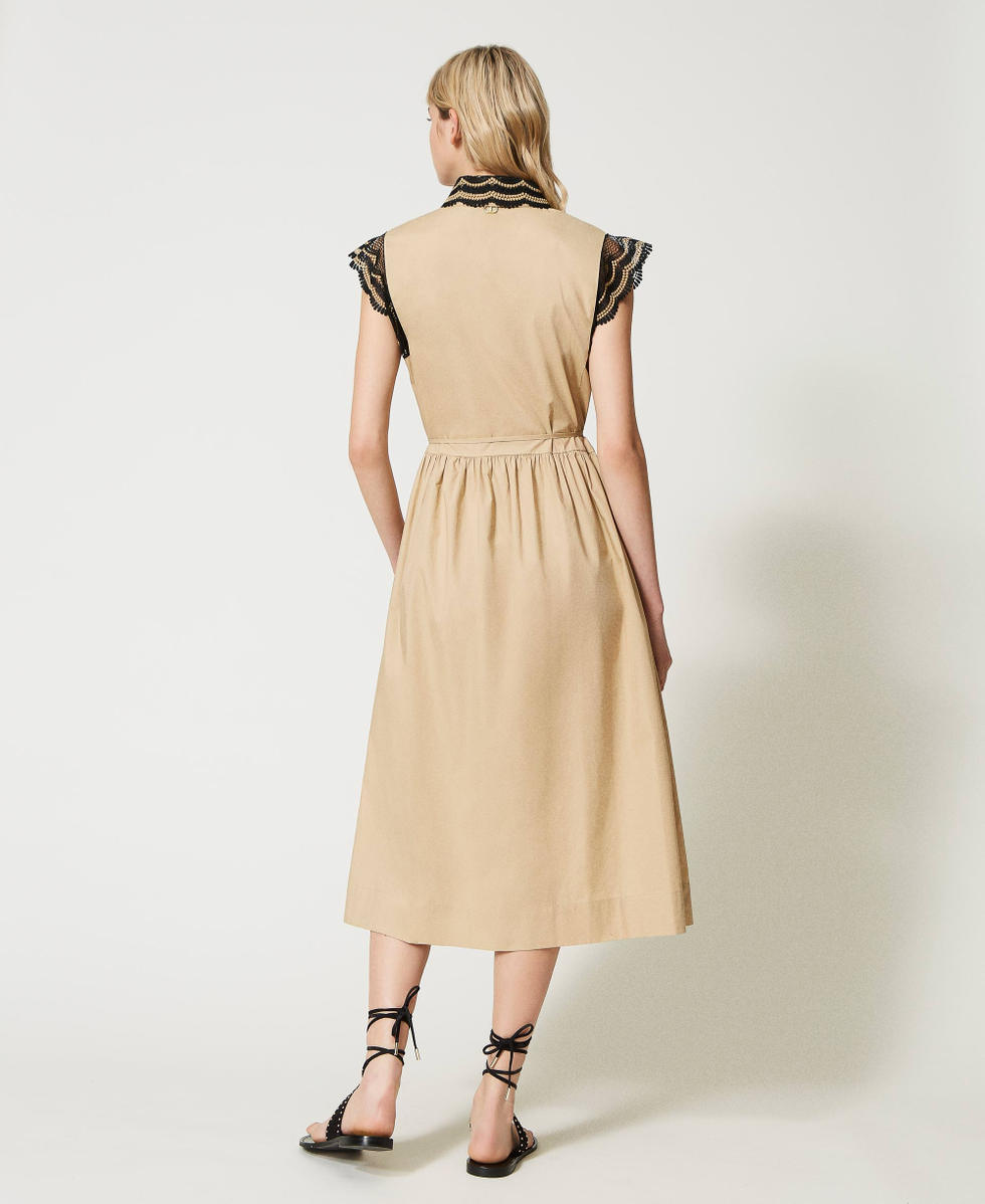 Long poplin shirt dress with two-tone lace