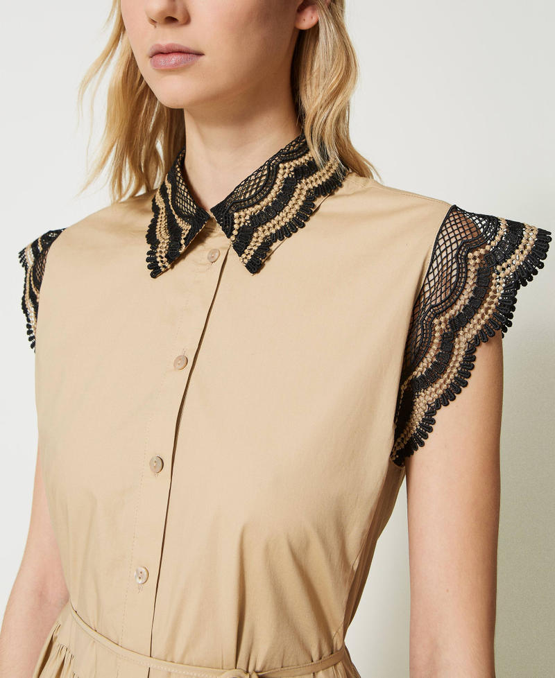 Long poplin shirt dress with two-tone lace Beige / Black Embroidery Woman 231TT2120-05